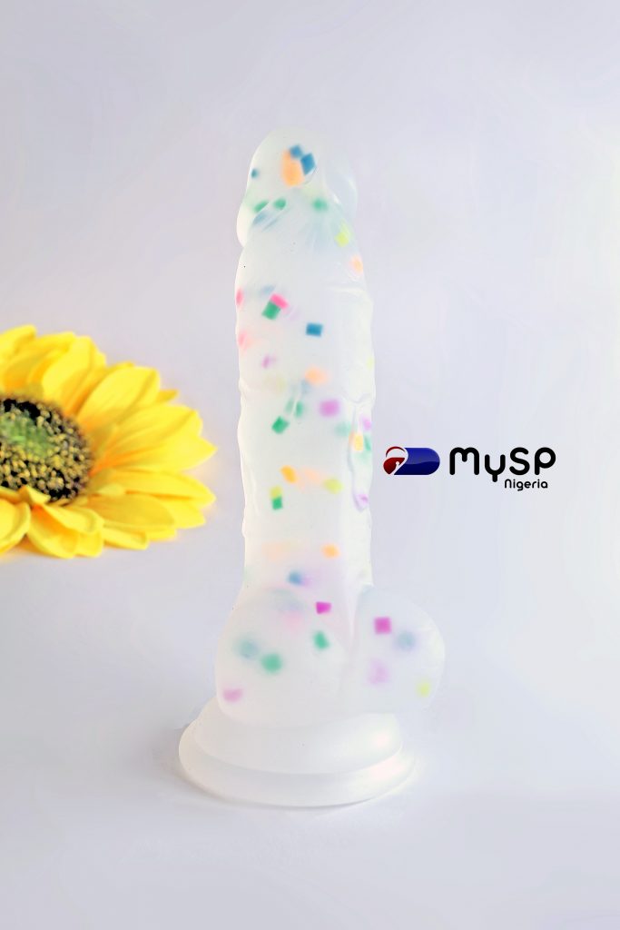 It is a dildo with a suction
 	It is ideal for sticking on surfaces and riding till your legs starts to quake
 	It contains a multicolored confetti that enables glow in the dark
 	It is flexible and easy to clean